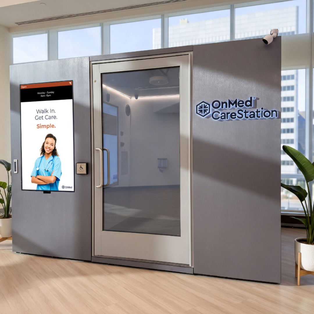 The OnMed CareStation® is a private, 8-by-10-foot “clinic-in-a-box” that combines telehealth with diagnostic capabilities typically associated with an in-person medical visit. The CareStation allows patients to connect in real time with a licensed clinician while integrated technology captures vital signs and enables guided examinations using tools such as an HD camera, stethoscope and thermal imaging. Patients can receive a diagnosis, treatment plan, referrals or an e-prescription during the visit, helping expand access to health care in communities and locations where traditional medical services may be difficult to reach.